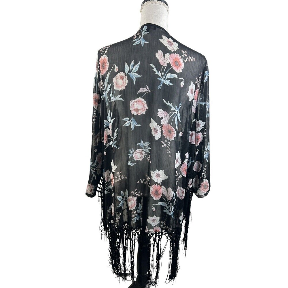 Torrid Floral Fringe Trim Sheer Half Sleeve Kimono Coverup Size 1/2 - Picture 6 of 9